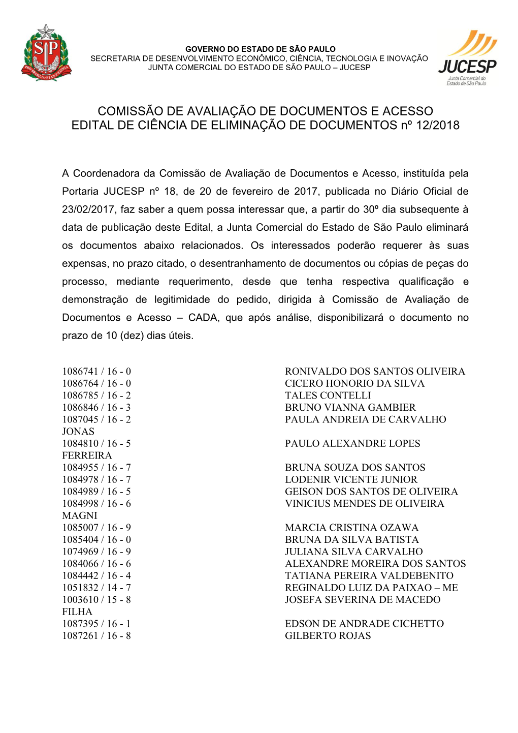 Edital De Ciência De Eliminação De Documentos 12-18