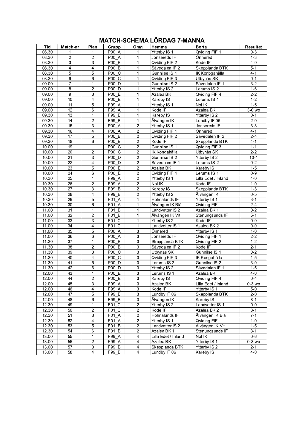 Match-Schema Lördag 7-Manna