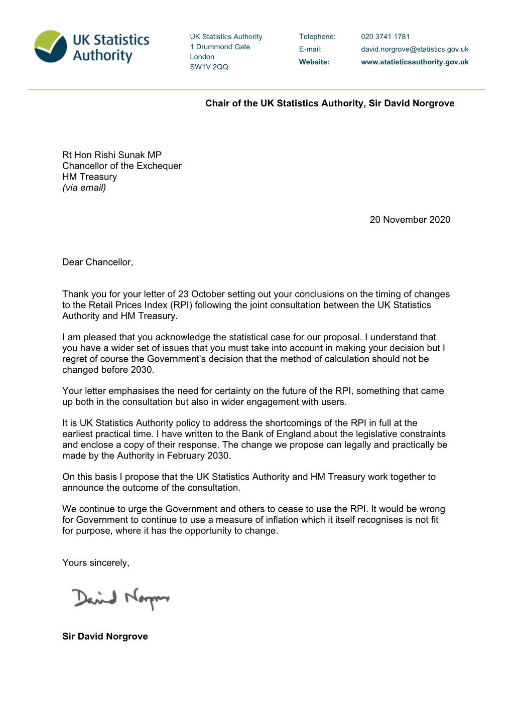 "Response from Sir David Norgrove To