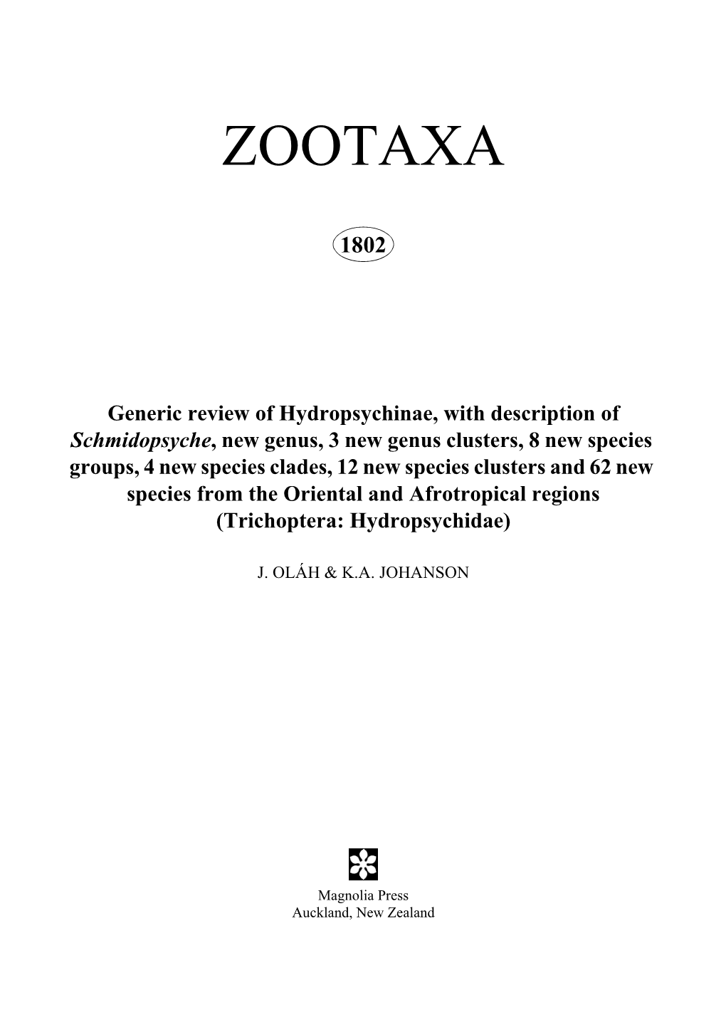 Zootaxa, Generic Review of Hydropsychinae, with Description of Schmidopsyche