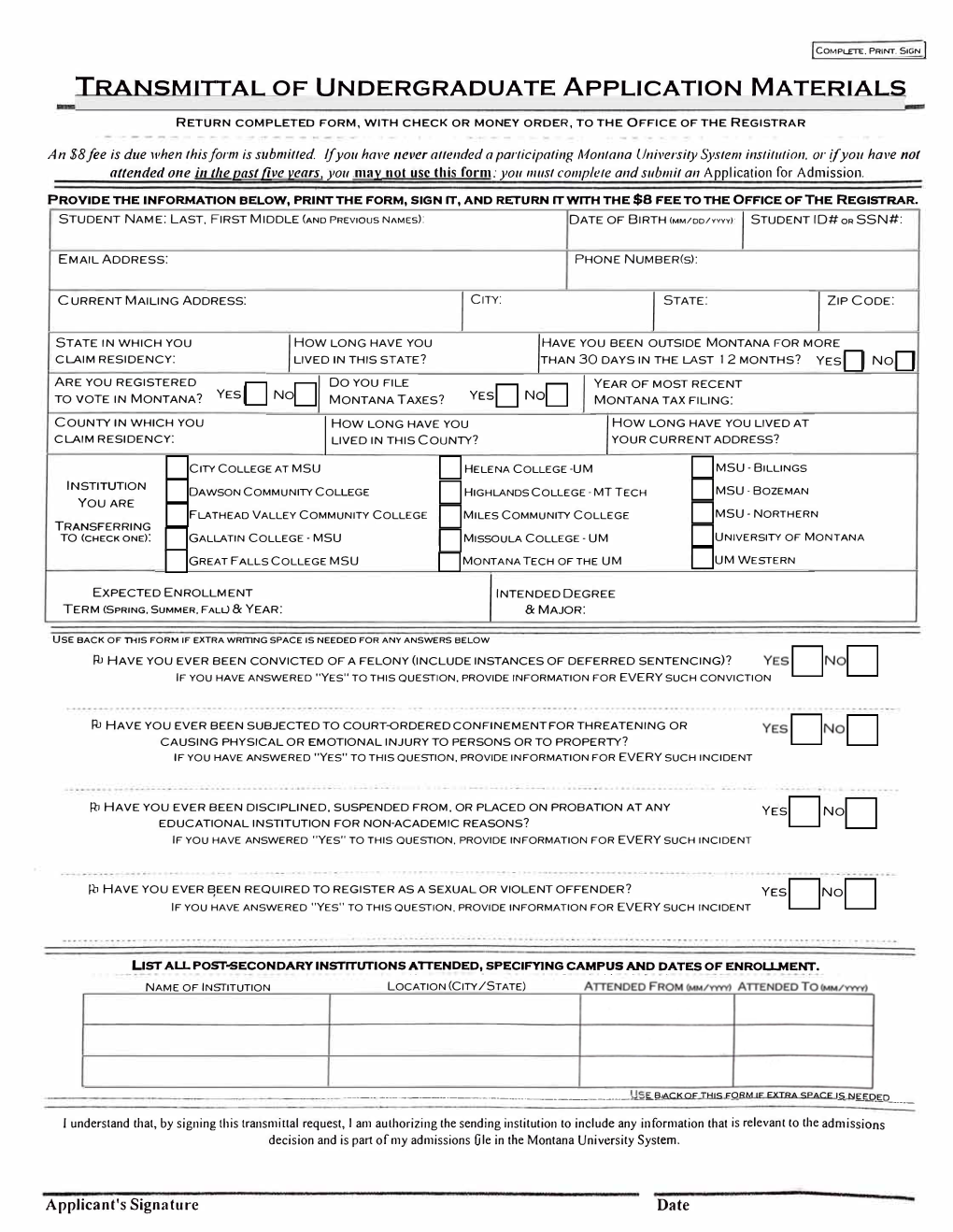 Transmittal of Undergraduate Application Materials