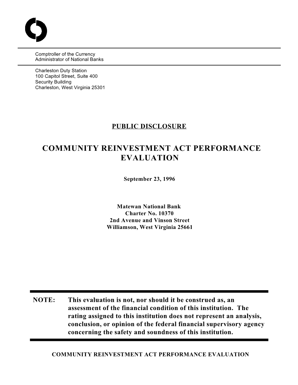 Community Reinvestment Act Performance Evaluation