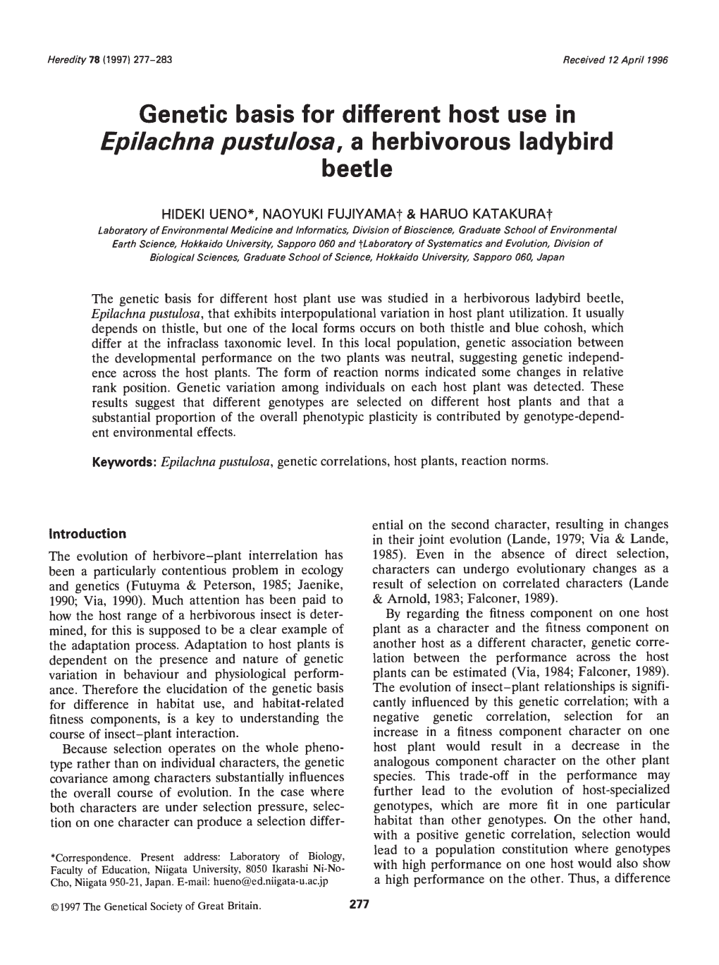 Genetic Basis for Different Host Use in Epilachna Pustulosa, a Herbivorous Ladybird Beetle