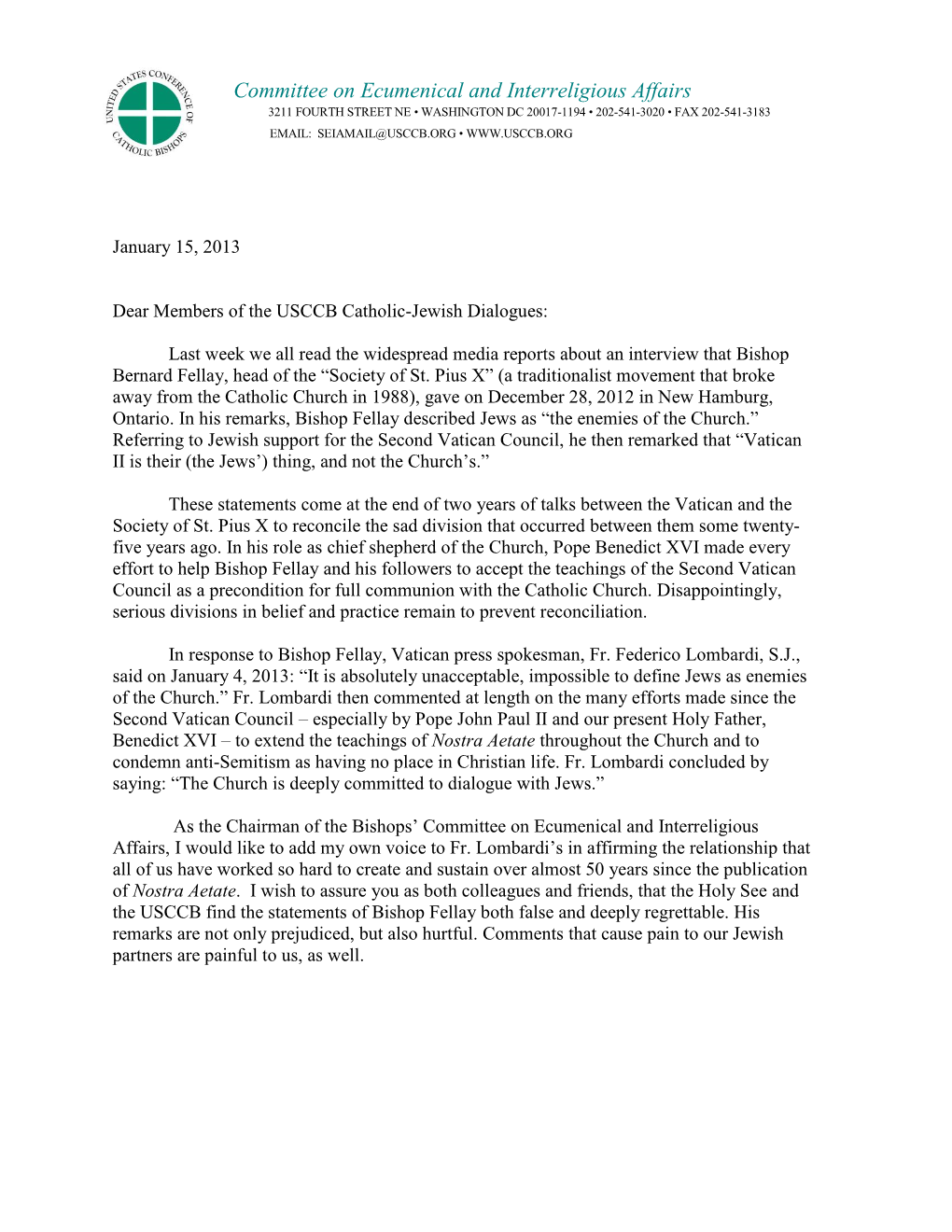 Letter from Chairman of Bishop's Committee for Ecumenical And