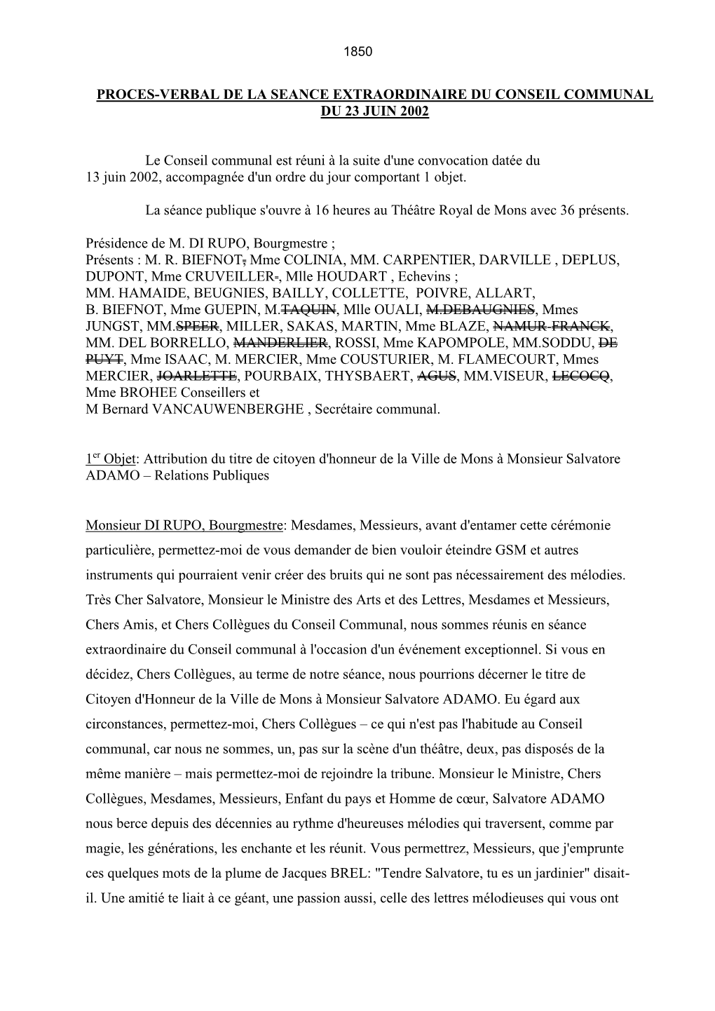 Proces-Verbal De La Seance Extraordinaire Du Conseil Communal Du 23 Juin 2002