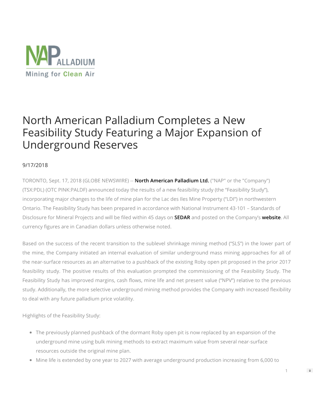 North American Palladium Completes a New Feasibility Study Featuring a Major Expansion of Underground Reserves