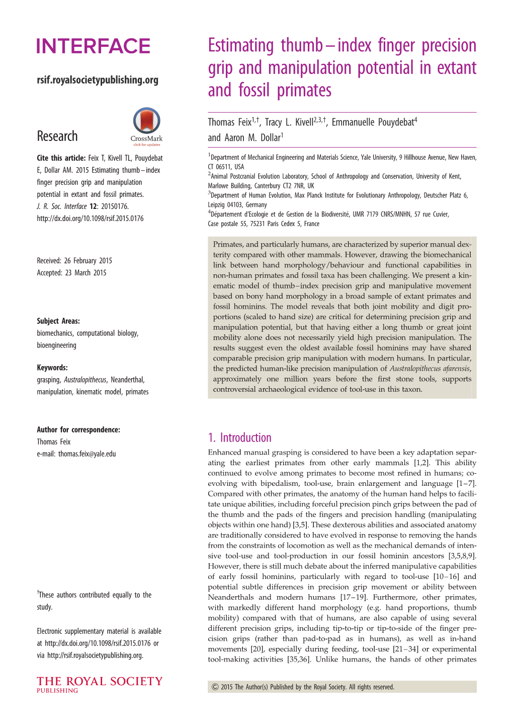 Estimating Thumb–Index Finger Precision Grip and Manipulation Potential in Extant Rsif.Royalsocietypublishing.Org and Fossil Primates