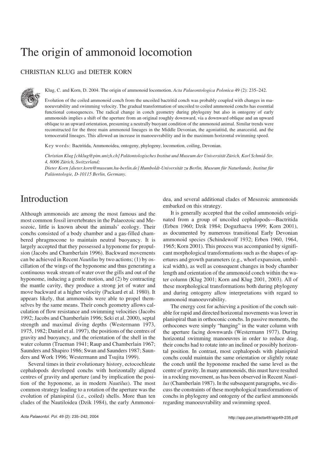 The Origin of Ammonoid Locomotion