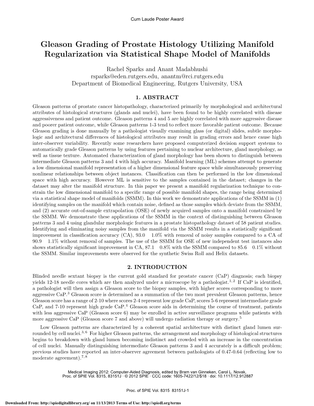 Gleason Grading of Prostate Histology Utilizing Manifold Regularization Via Statistical Shape Model of Manifolds