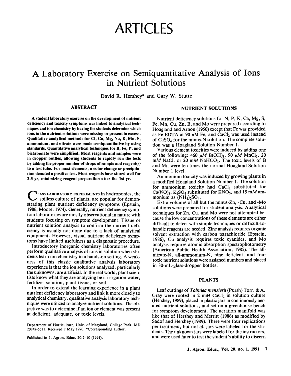 (1991) Laboratory Exercise on Semiquantitative Analysis of Ions In