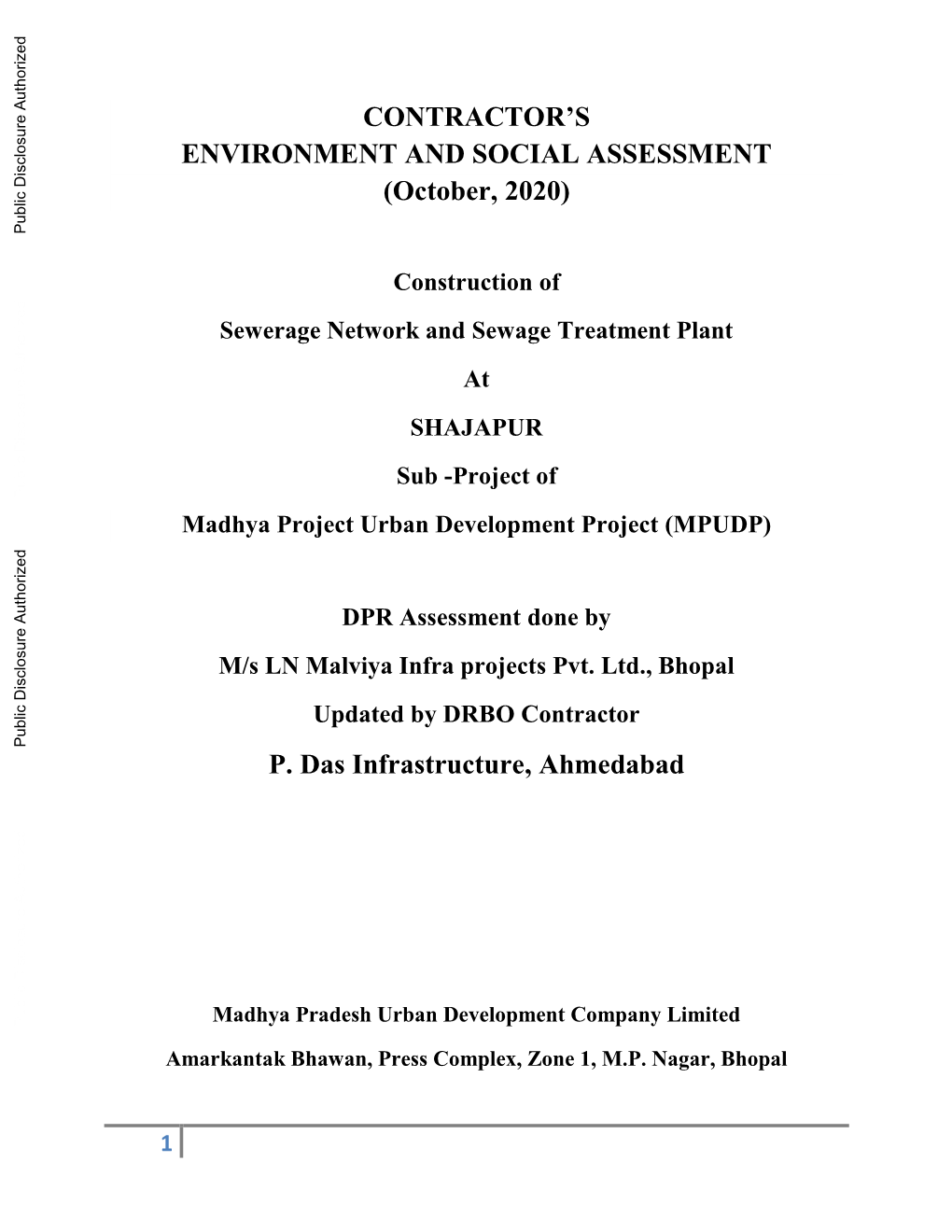 Construction of Sewerage Network and Sewage Treatment Plant at SHAJAPUR Sub -Project of Public Disclosure Authorized Madhya Project Urban Development Project (MPUDP)