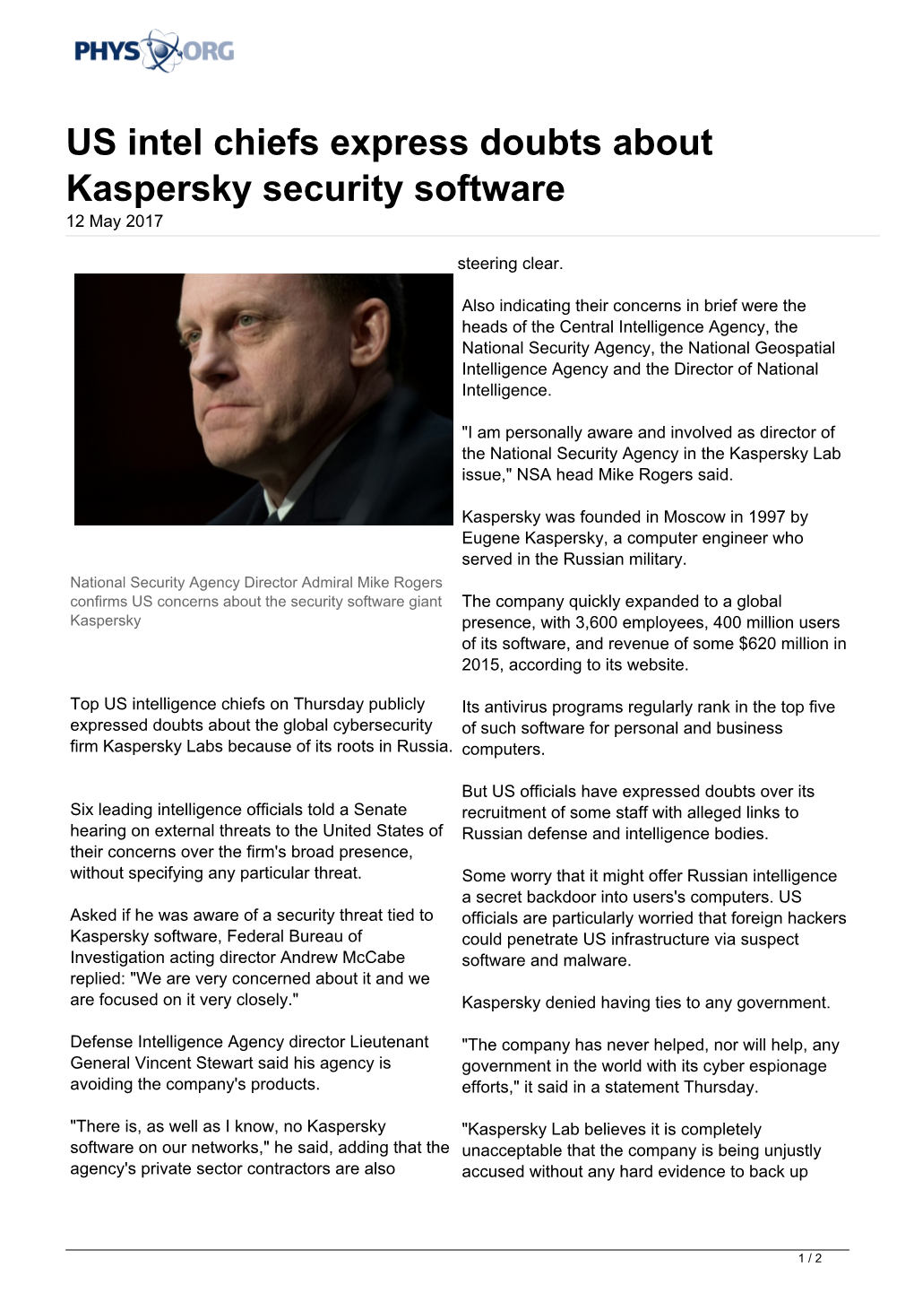 US Intel Chiefs Express Doubts About Kaspersky Security Software 12 May 2017