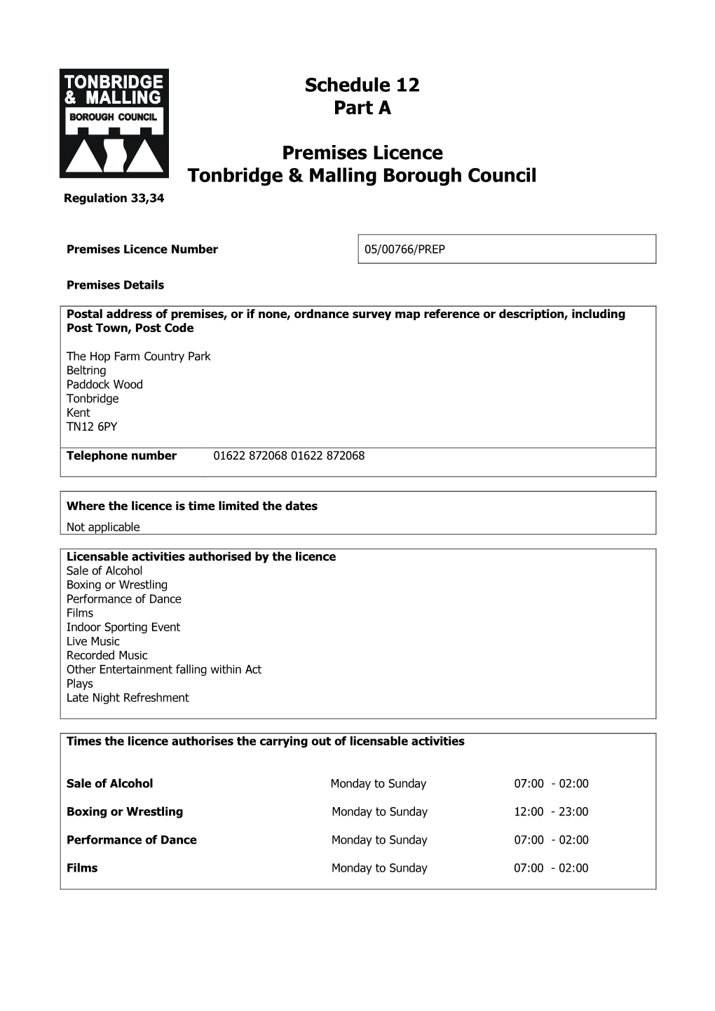 Schedule 12 Part a Premises Licence Tonbridge & Malling Borough Council