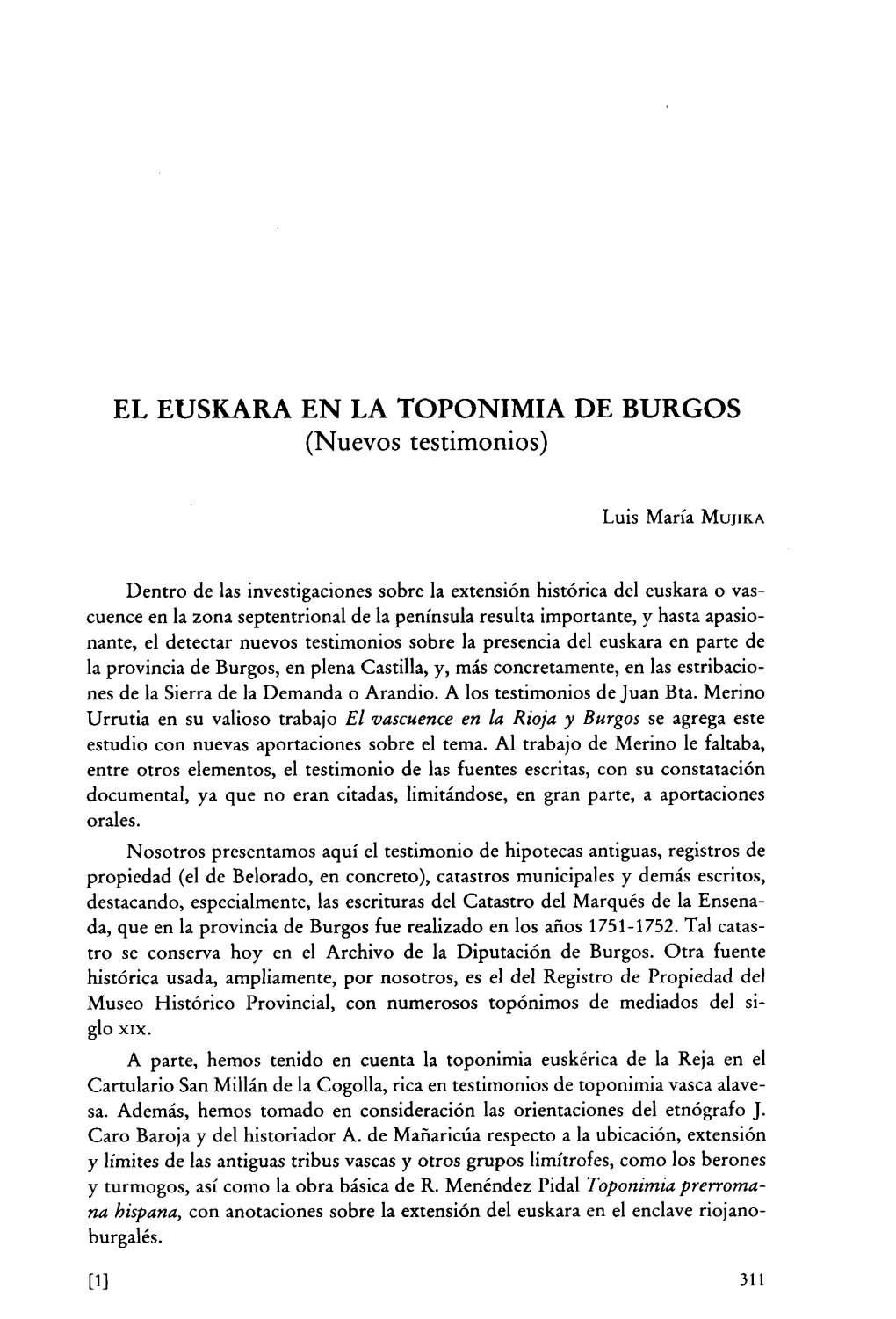 EL EUSKARA EN LA TOPONIMIA DE BURGOS (Nuevos Testimonios)