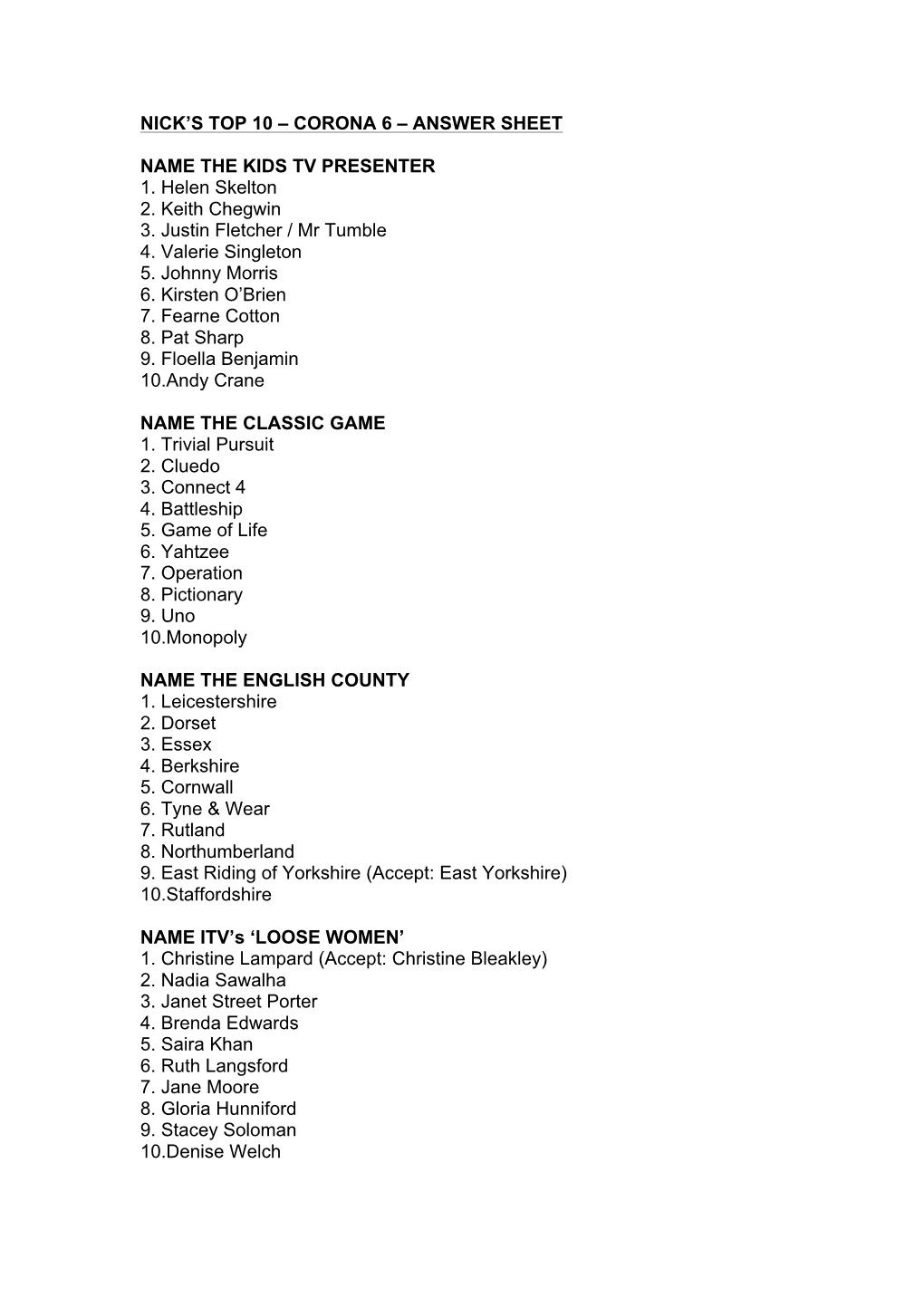 Nick's Top 10 – Corona 6 – Answer Sheet Name the Kids