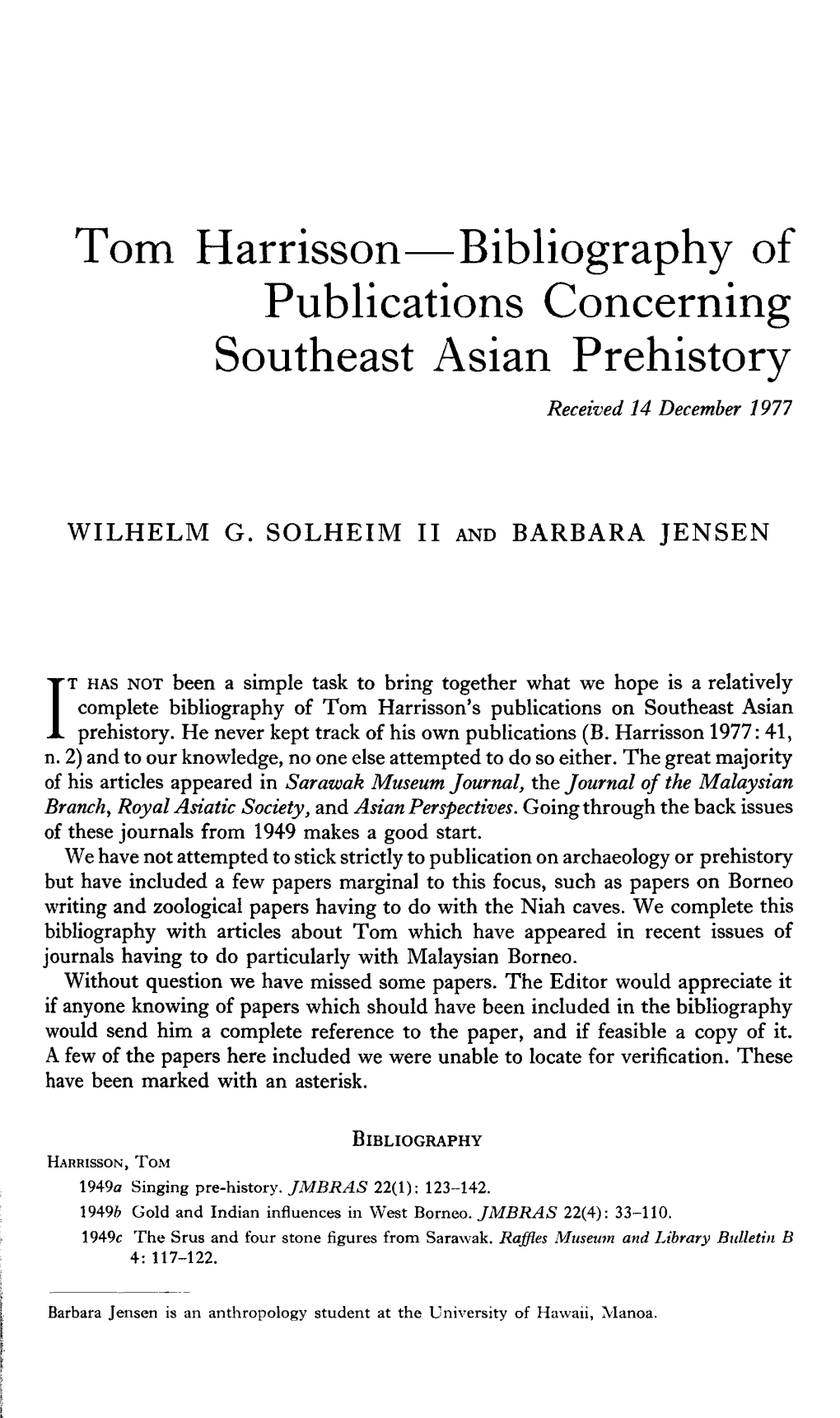 Tom Harrisson-Bibliography of Publications Concerning Southeast Asian Prehistory Received 14 December 1977