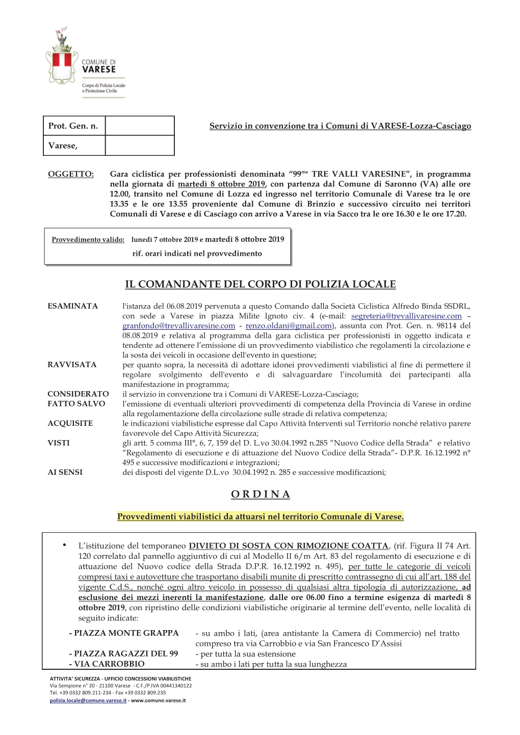 Clicca Qui Per Scaricare La Ordinanza Del Comune Di Varese