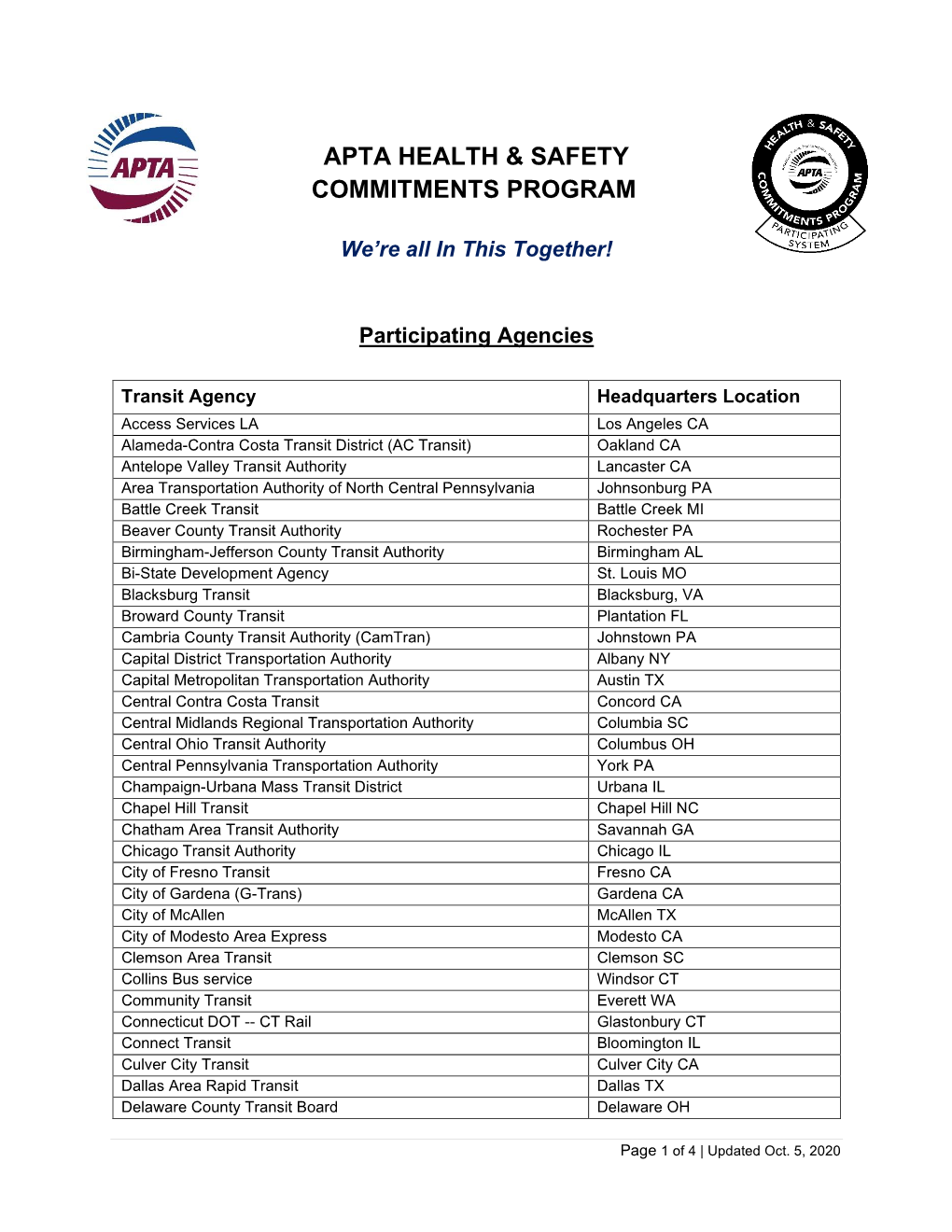 Apta Health & Safety Commitments Program