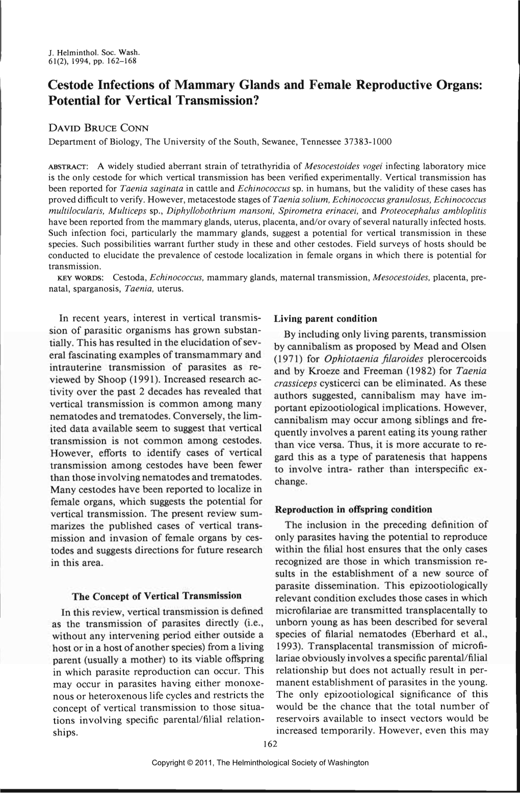 Cestode Infections of Mammary Glands and Female Reproductive Organs: Potential for Vertical Transmission?