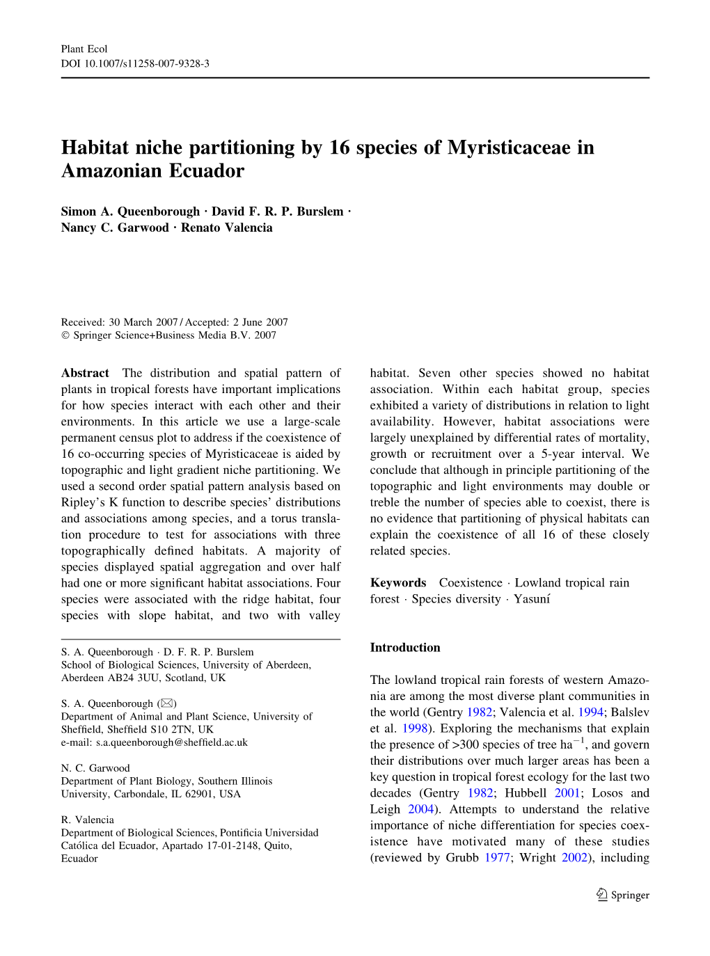 Habitat Niche Partitioning by 16 Species of Myristicaceae in Amazonian Ecuador