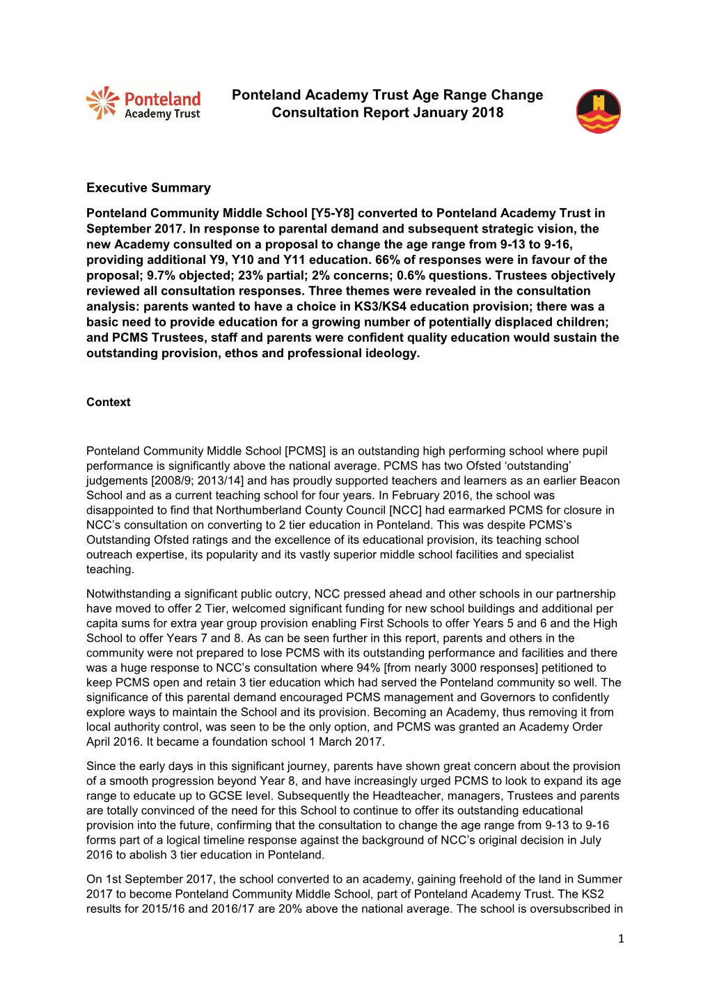 Ponteland Academy Trust Age Range Change Consultation Report January 2018