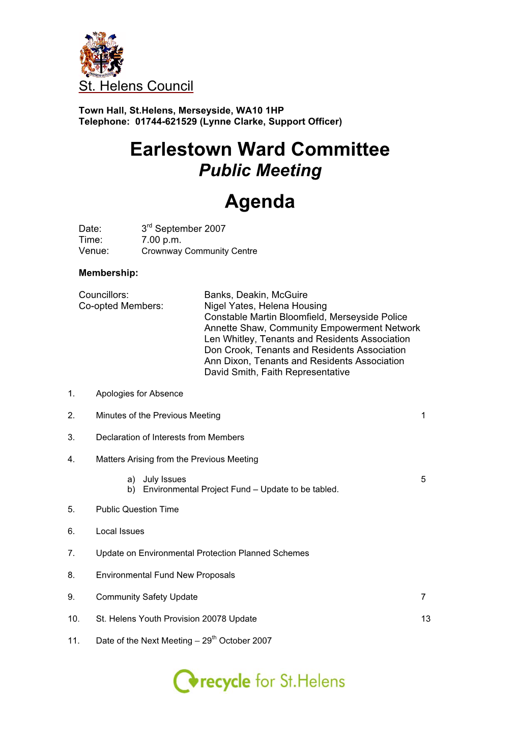 Earlestown Ward Committee Agenda