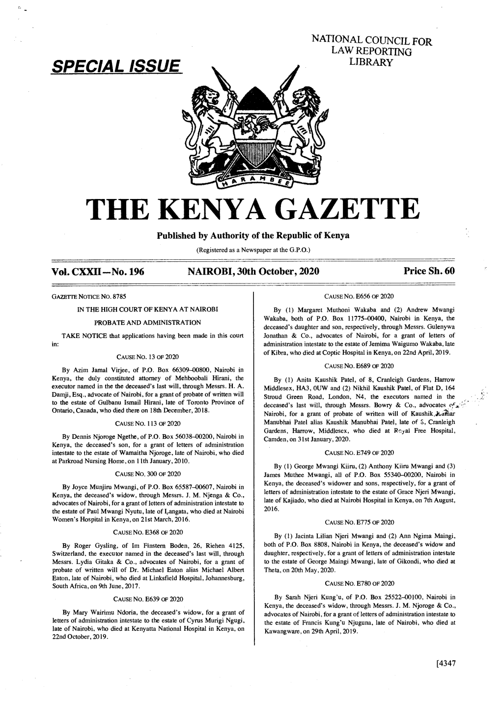 THE KENYA GAZETTE Published by Authority of the Republic of Kenya (Registered As a Newspaper at the G.P.O.) � Vol