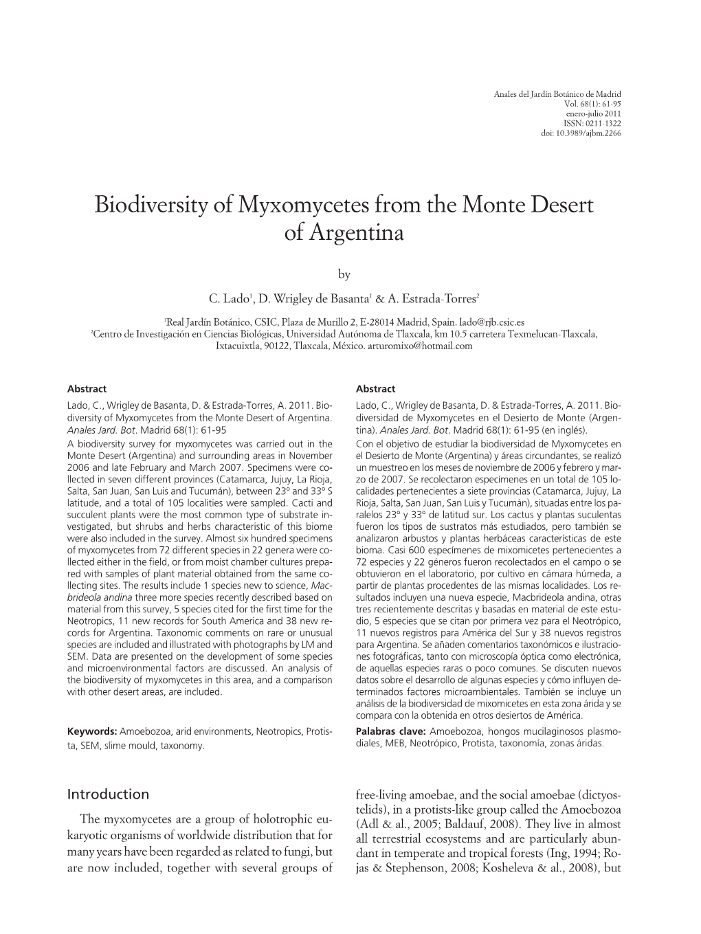 Biodiversity of Myxomycetes from the Monte Desert of Argentina