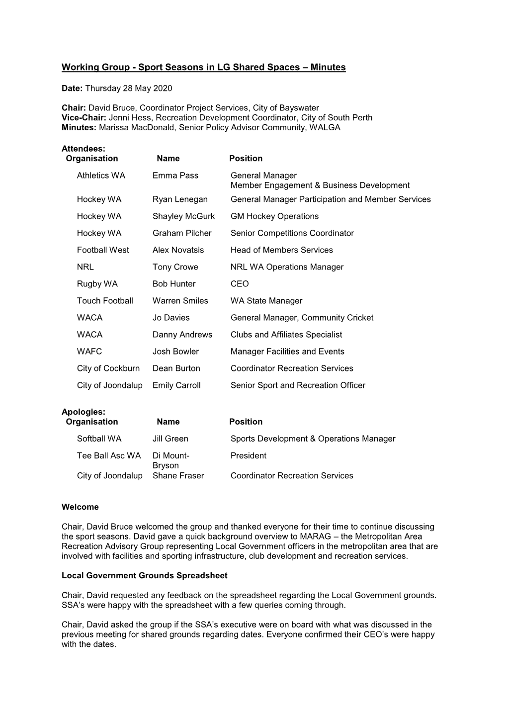 Working Group - Sport Seasons in LG Shared Spaces – Minutes