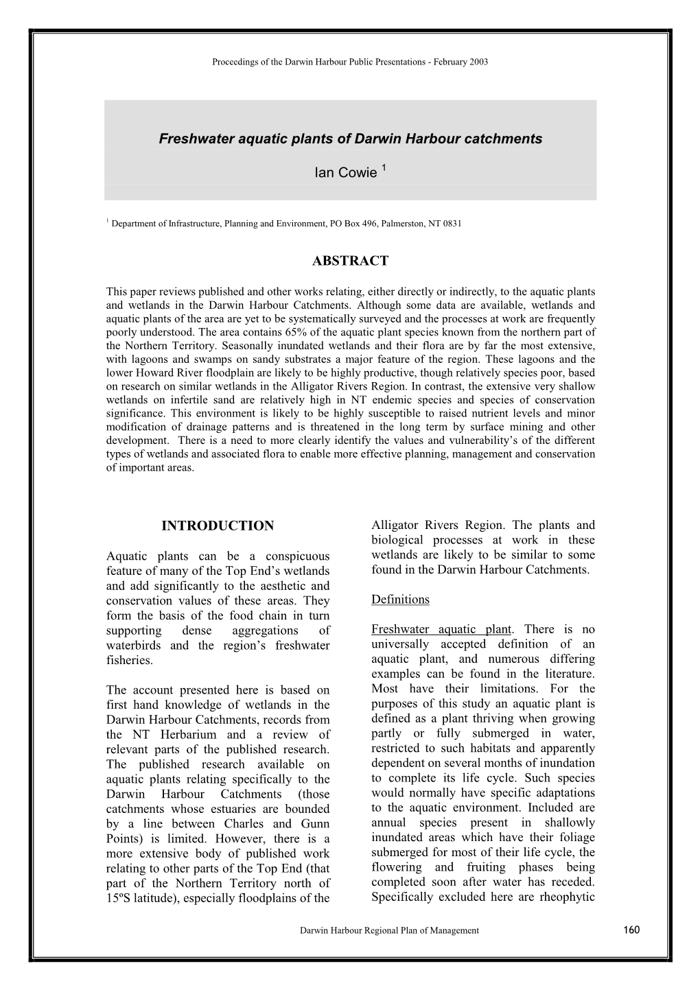 Freshwater Aquatic Plants of Darwin Harbour Catchments