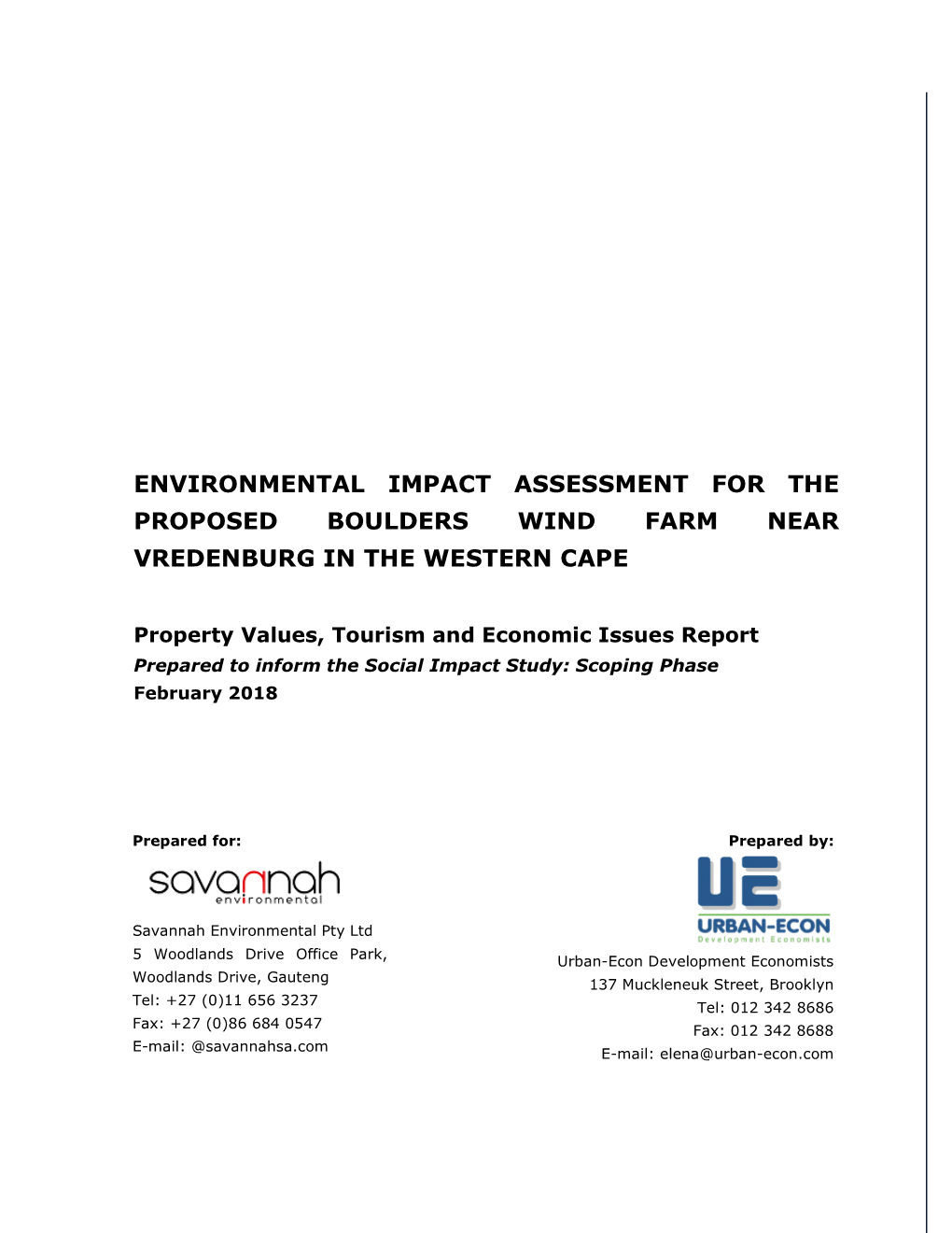 Environmental Impact Assessment for the Proposed Boulders Wind Farm Near Vredenburg in the Western Cape