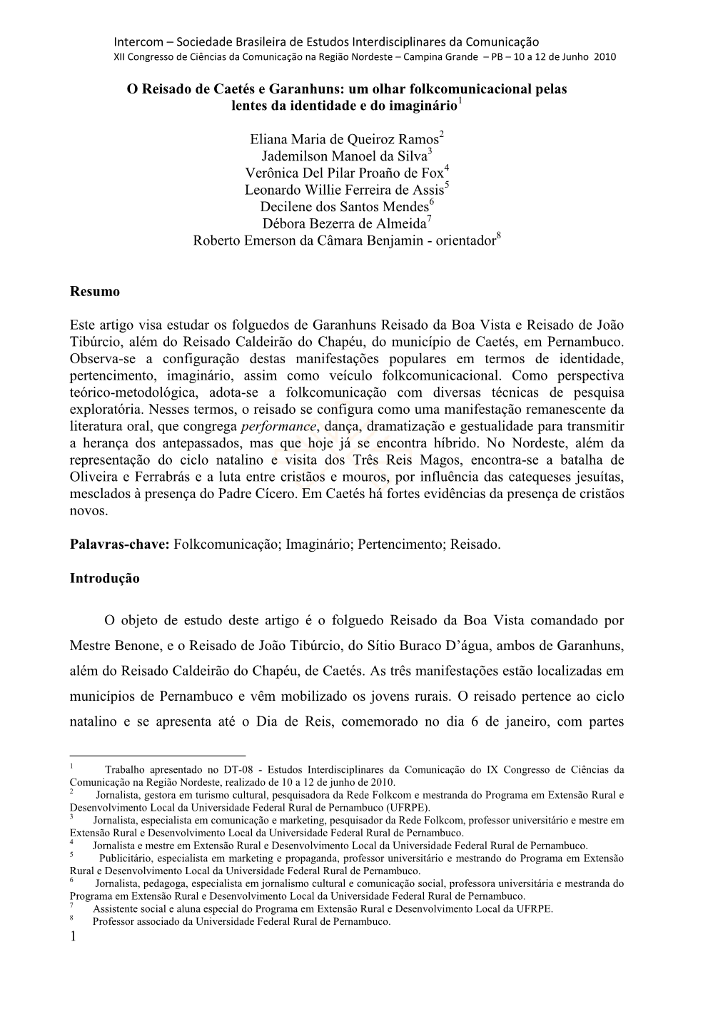 1 O Reisado De Caetés E Garanhuns: Um Olhar Folkcomunicacional Pelas