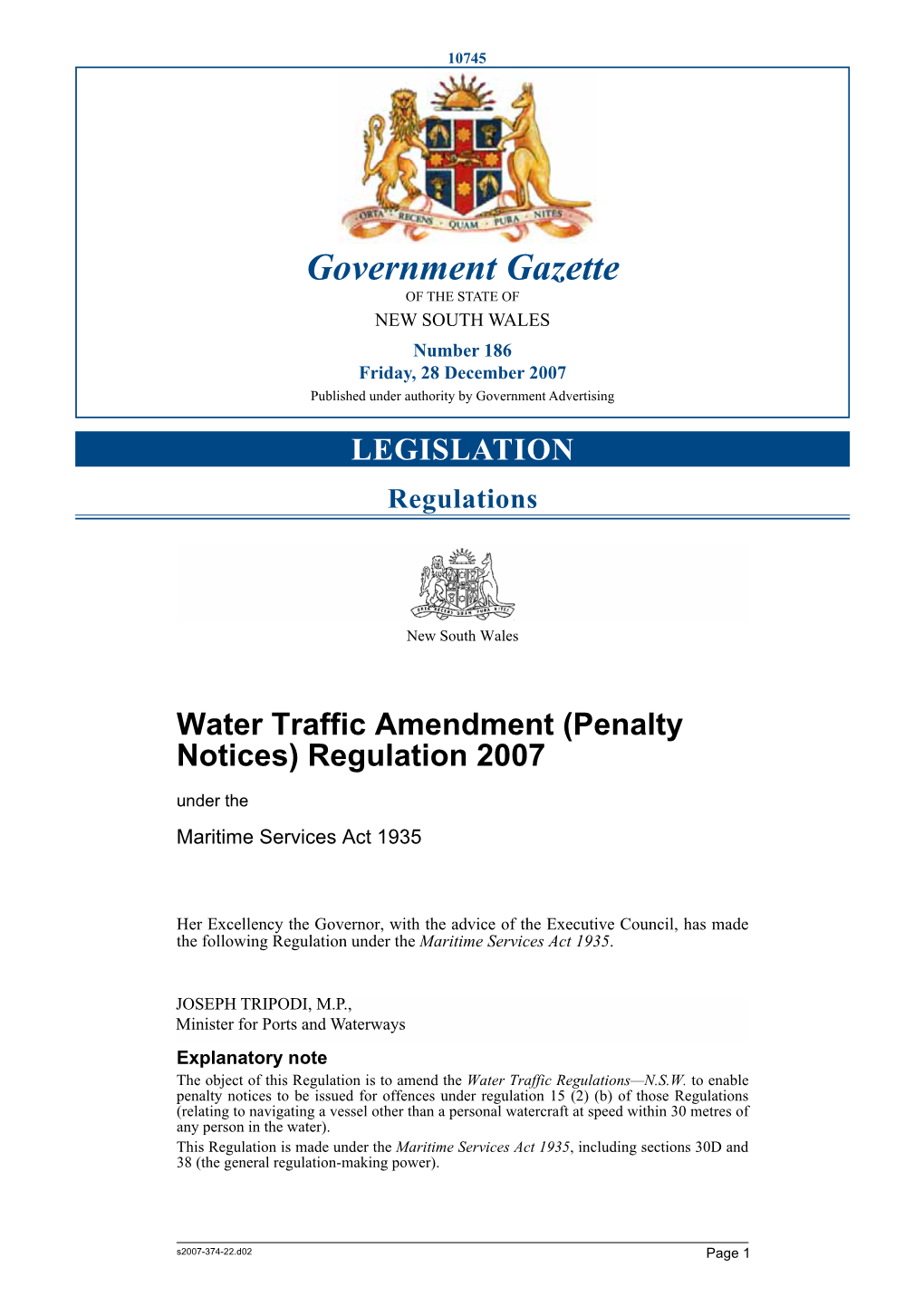 Government Gazette of the STATE of NEW SOUTH WALES Number 186 Friday, 28 December 2007 Published Under Authority by Government Advertising