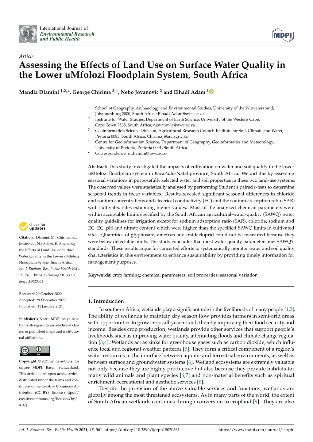 Assessing the Effects of Land Use on Surface Water Quality in the Lower Umfolozi Floodplain System, South Africa