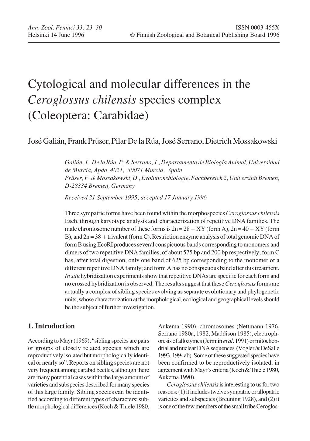 Cytological and Molecular Differences in the Ceroglossus Chilensis Species Complex (Coleoptera: Carabidae)