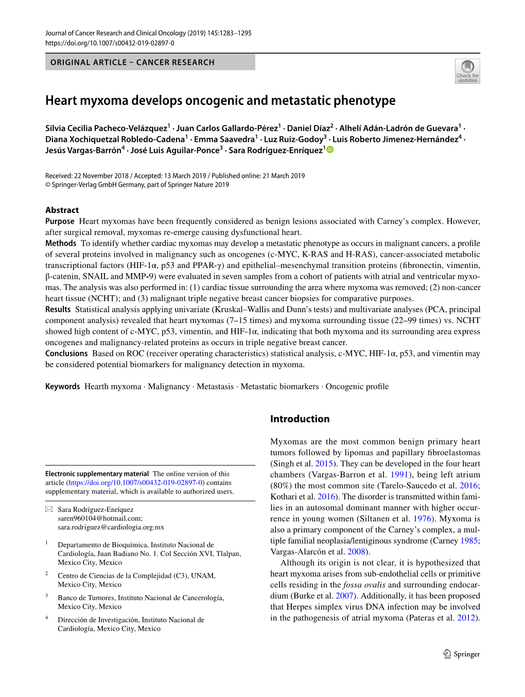 Heart Myxoma Develops Oncogenic and Metastatic Phenotype