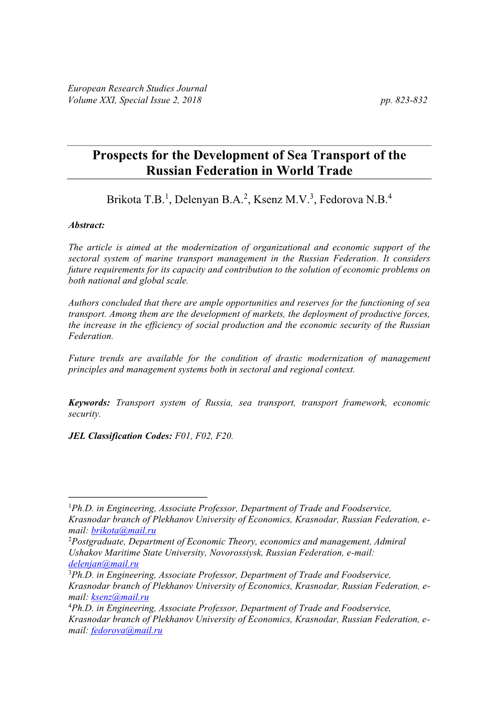 Prospects for the Development of Sea Transport of the Russian Federation in World Trade