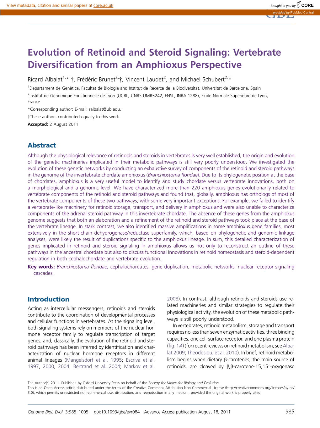 Evolution of Retinoid and Steroid Signaling: Vertebrate Diversiﬁcation from an Amphioxus Perspective