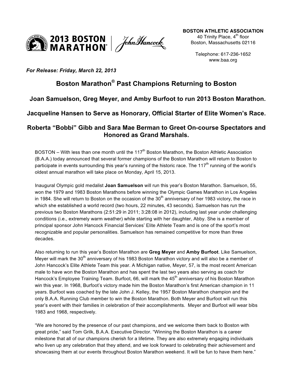 Boston Marathon® Past Champions Returning to Boston