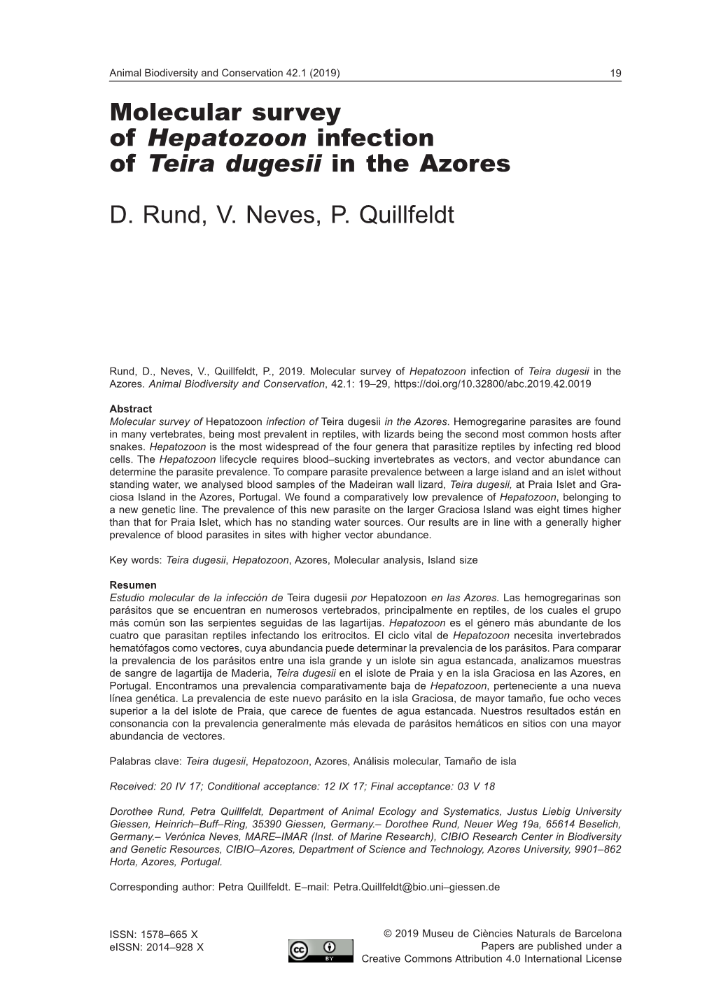 Molecular Survey of Hepatozoon Infection of Teira Dugesii in the Azores