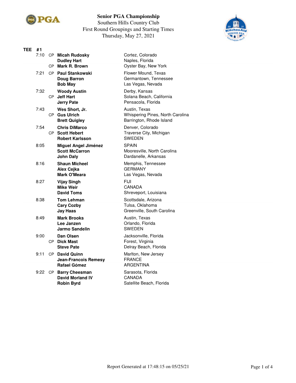 Senior PGA Championship Southern Hills Country Club First Round Groupings and Starting Times Thursday, May 27, 2021