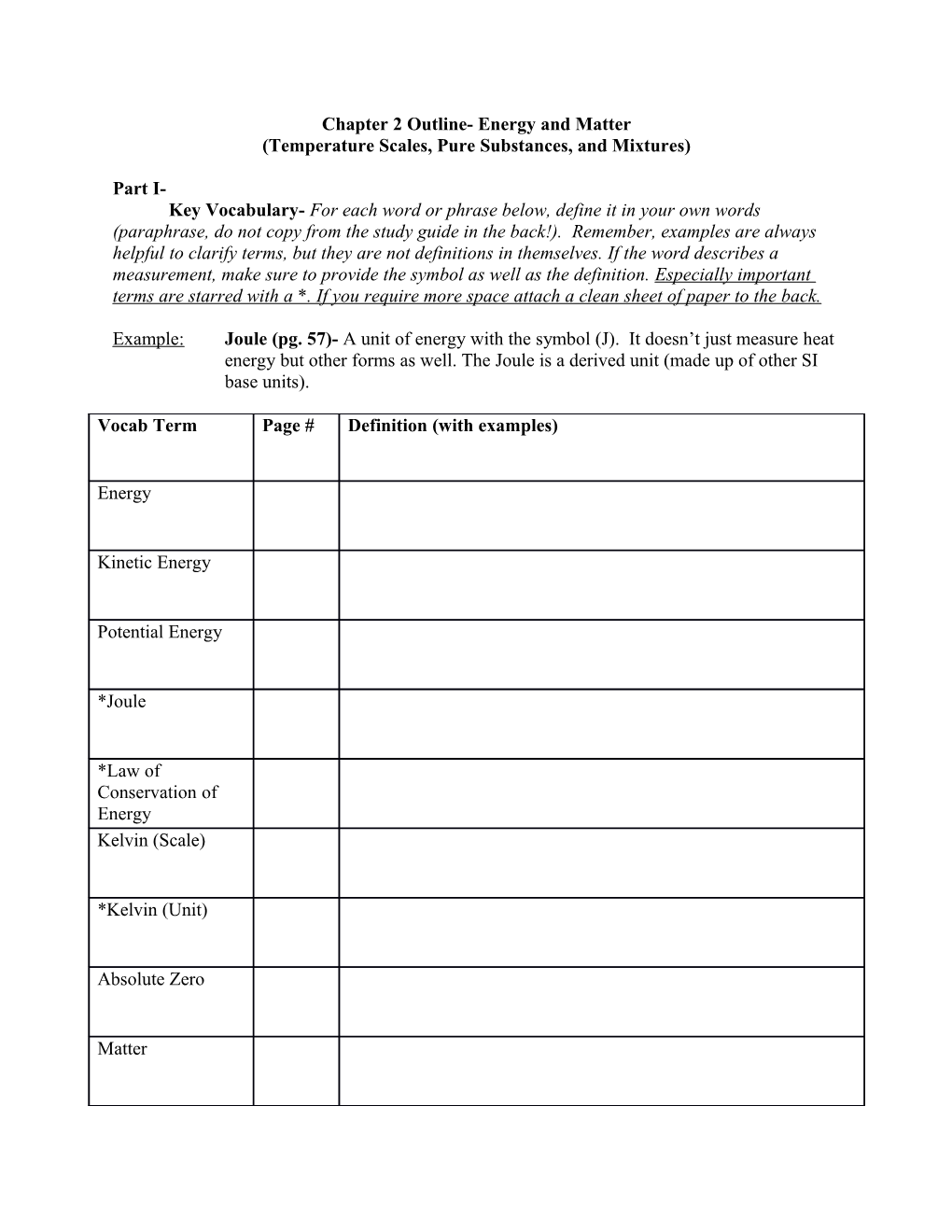 Chapter 2 Outline- Energy and Matter