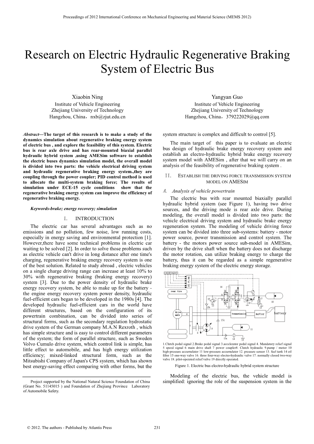 Research on Electric Hydraulic Regenerative Braking System of Electric Bus