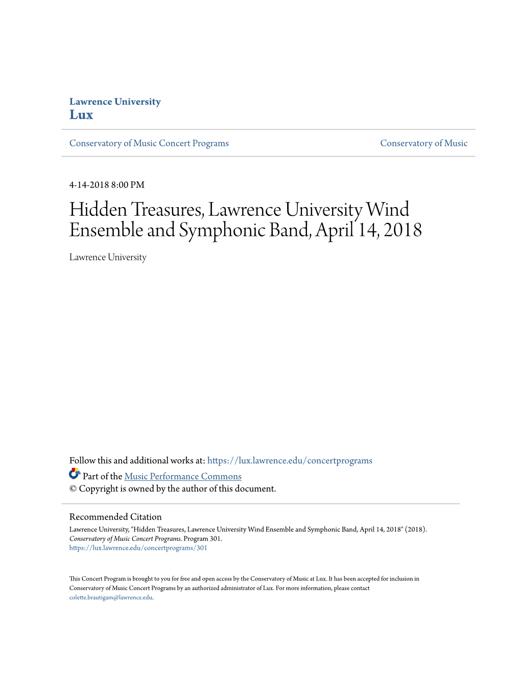 Hidden Treasures, Lawrence University Wind Ensemble and Symphonic Band, April 14, 2018 Lawrence University
