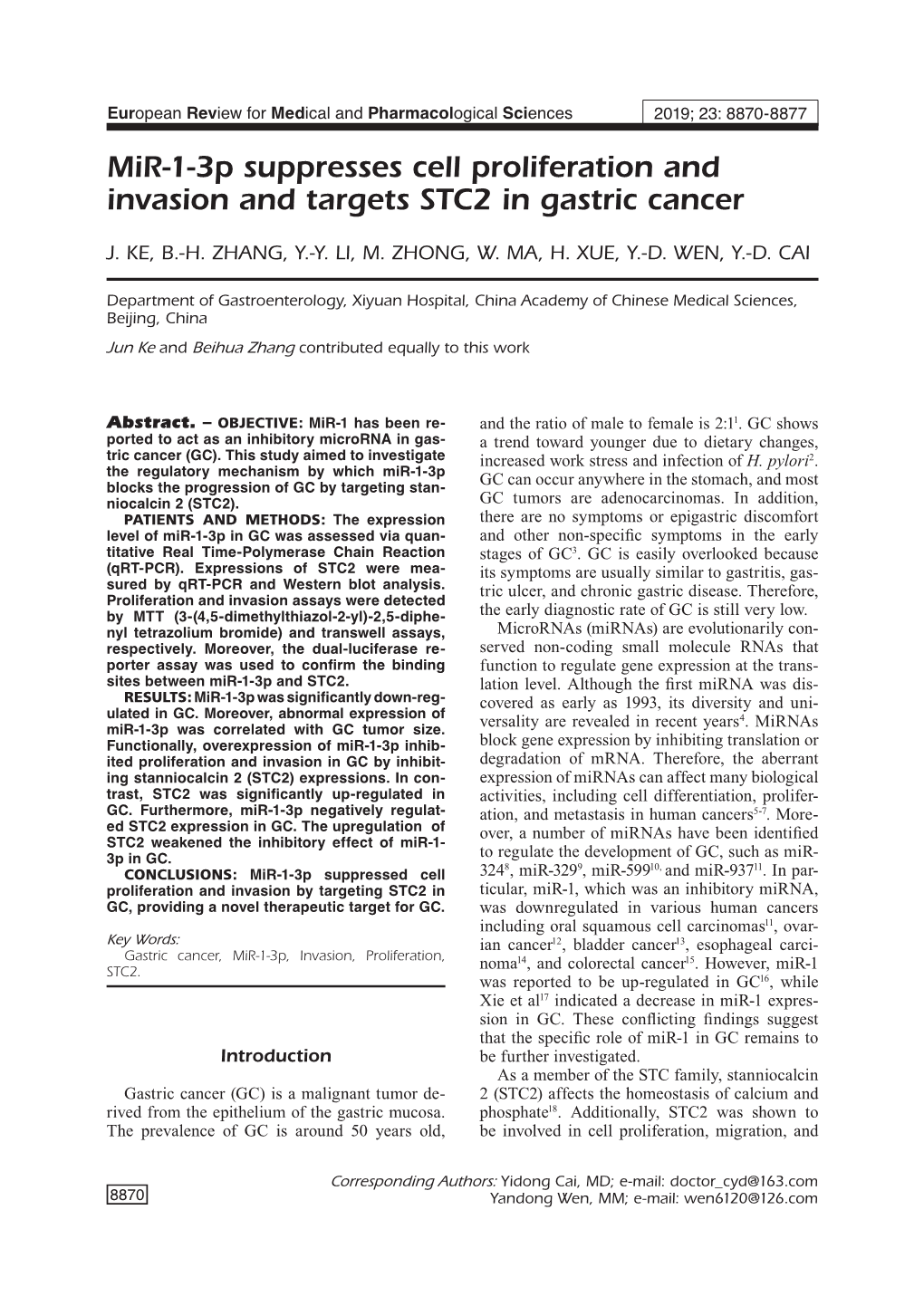 Mir-1-3P Suppresses Cell Proliferation and Invasion and Targets STC2 in Gastric Cancer