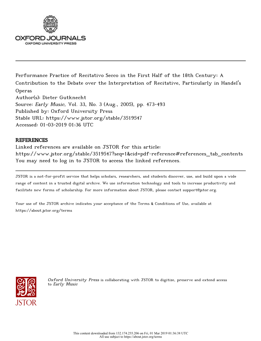 Performance Practice of Recitativo Secco in the First Half of the 18Th