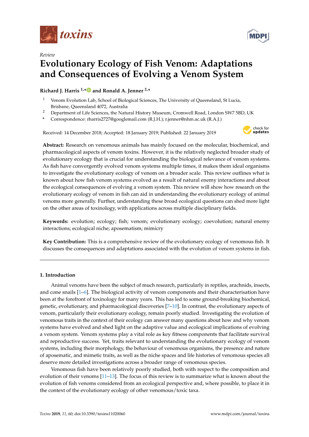 Evolutionary Ecology of Fish Venom: Adaptations and Consequences of Evolving a Venom System