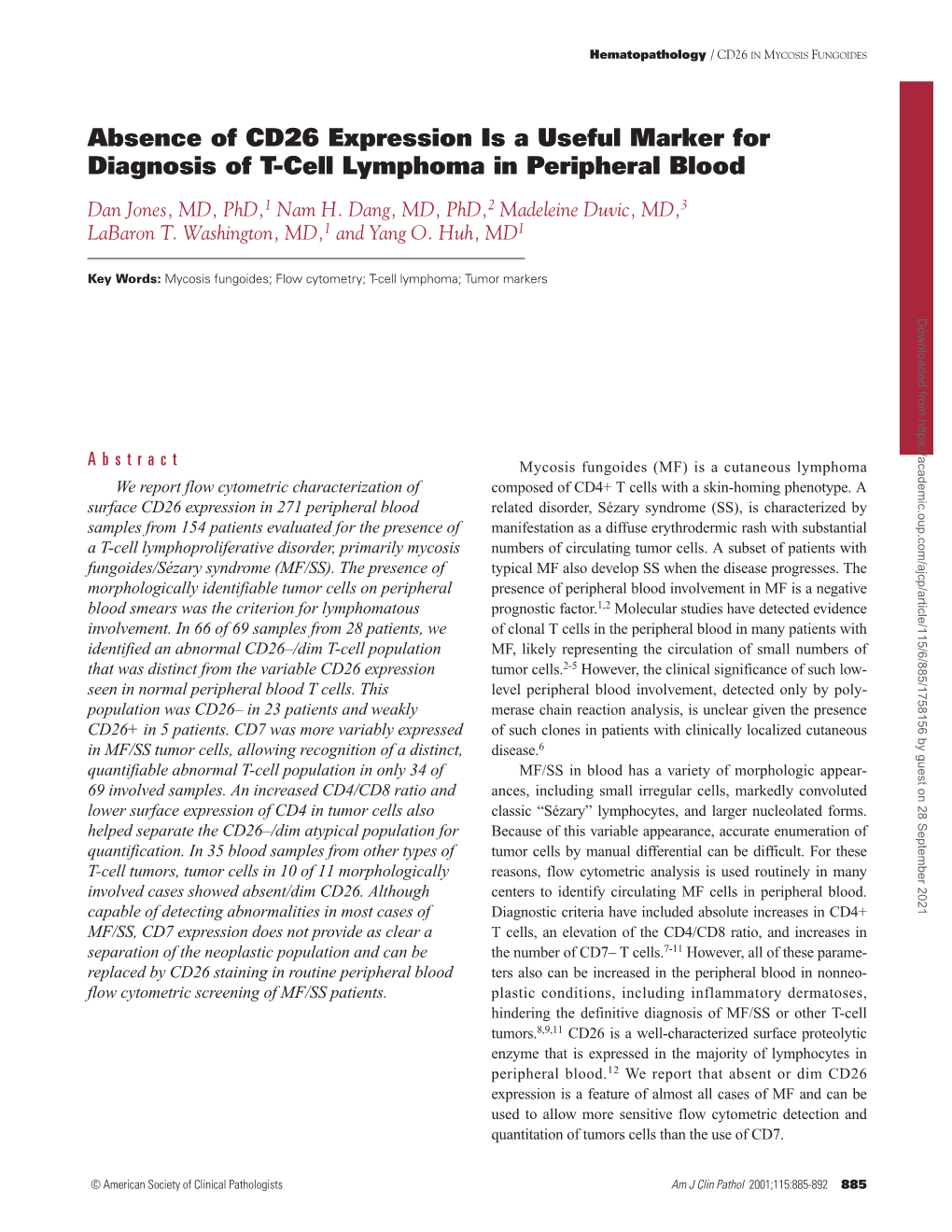 Absence of CD26 Expression Is a Useful Marker for Diagnosis of T-Cell Lymphoma in Peripheral Blood