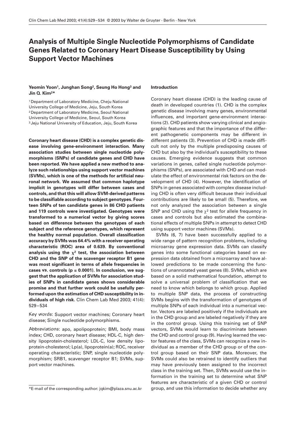 Analysis of Multiple Single Nucleotide Polymorphisms of Candidate Genes Related to Coronary Heart Disease Susceptibility by Using Support Vector Machines