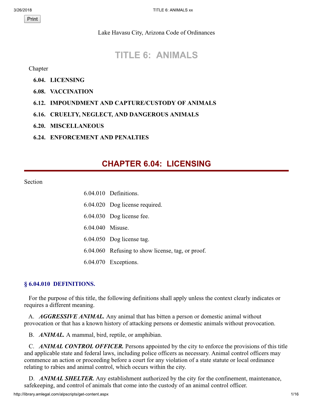 Title 6, Animals, of the Lake Havasu City Code